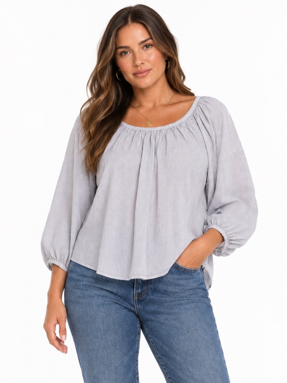 Everlane White Grey Blue Stripes Peasant Style 3/4 Sleeve Lightweight Top Size 8